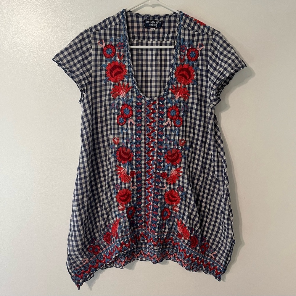 Johnny Was Workshop Blue Gingham Embroidered Flor… - image 1